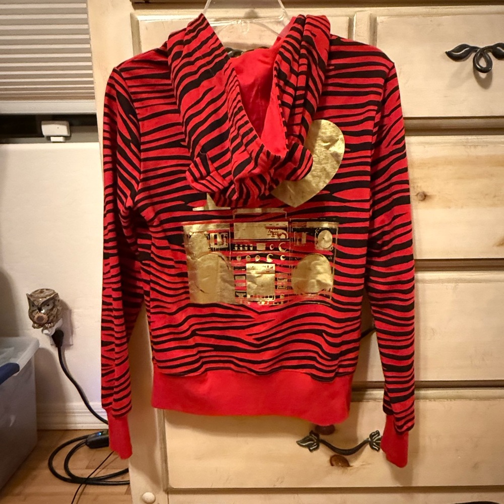 THE ABBEY DAWN EPIC RED STUDDED ZEBRA STEREO HOODIE. Rare. Iconic. Sz L. Emo - Picture 1 of 12